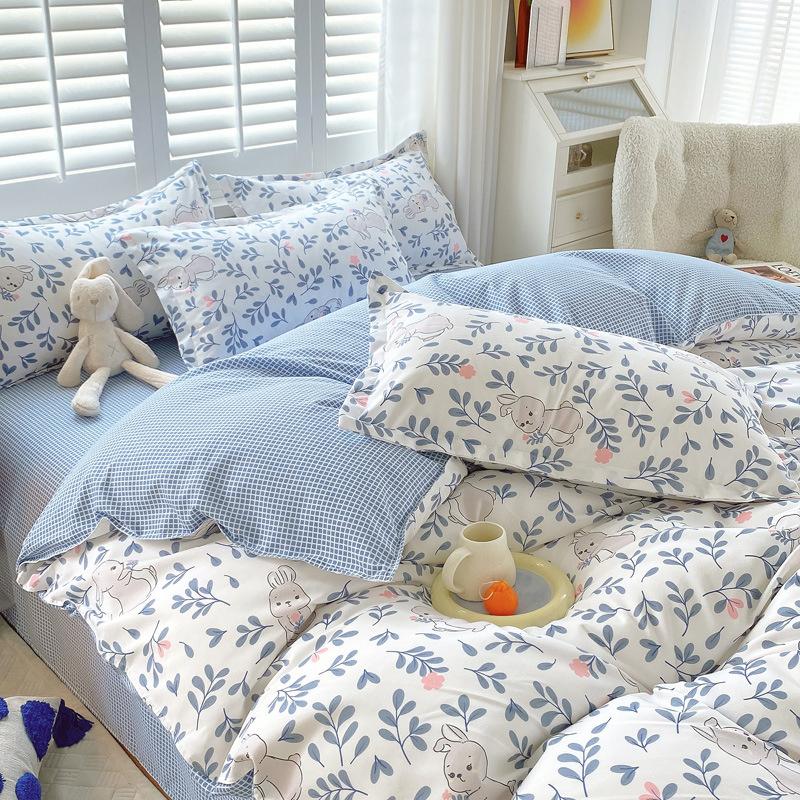 INS Double-sided Availability Pink Blue Cute Cat And Rabbit Bedding Set Duvet Cover Sheets With Pillowcases Full Size Bedroom