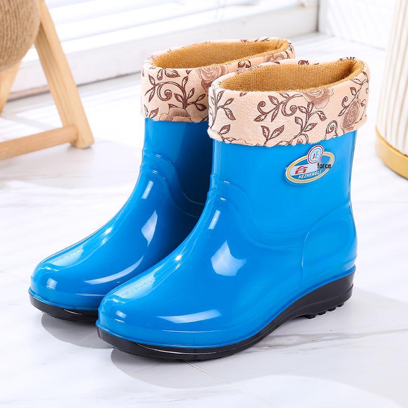 Women's Mid-Calf Fleece-Lined Non-Slip Rain Boots - Warm, Fashionable, Wear-Resistant Rubber Water Shoes
