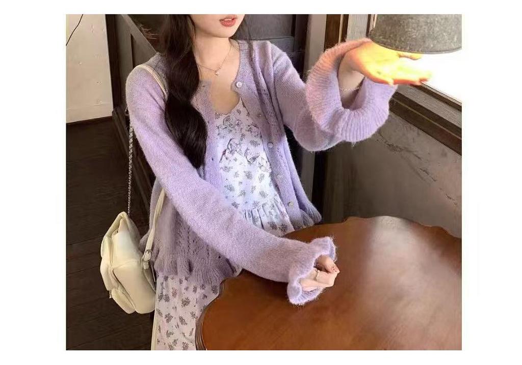 Spring 2026 Women's Gentle Hollow Knit Cardigan with Sweet Lace Hem