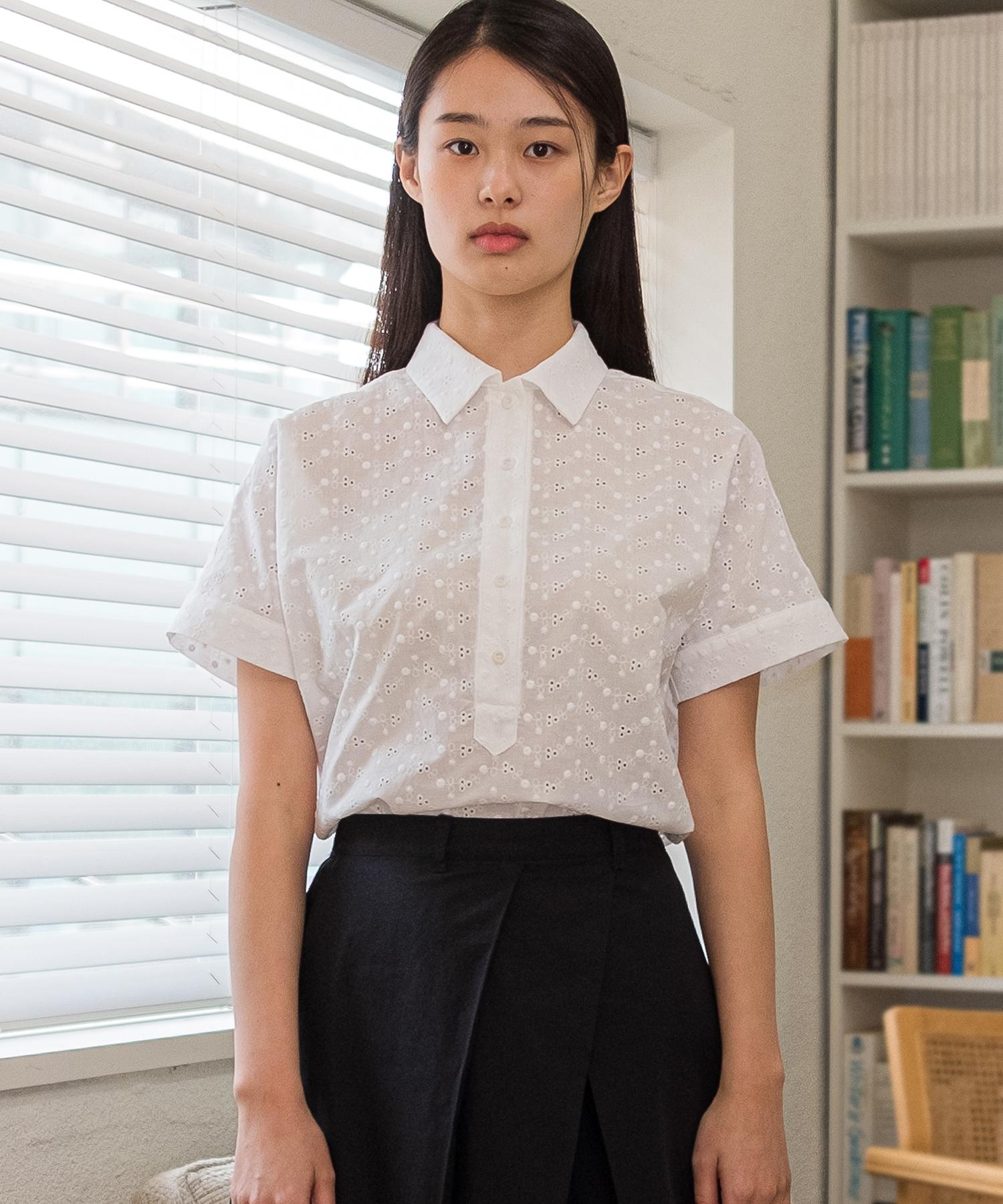 Cotton Bell Embroidered Half-Open Shirt - White White/Free