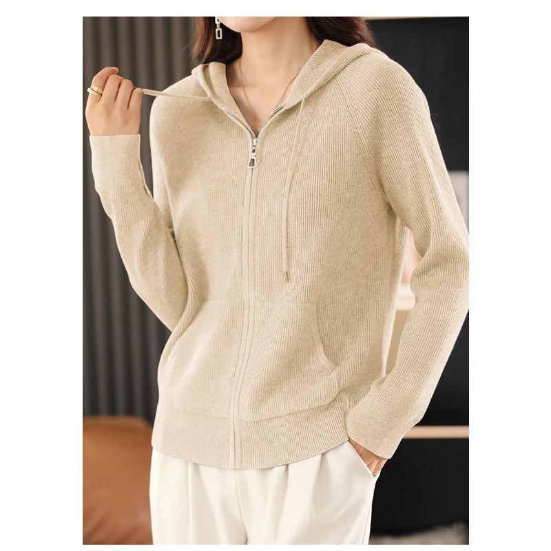 Damen Herbst Winter Wollmischung Pullover Mit Kapuze Verdickt Gestrickt Reißverschluss Strickjacke Mit Tasche Basis Mantel