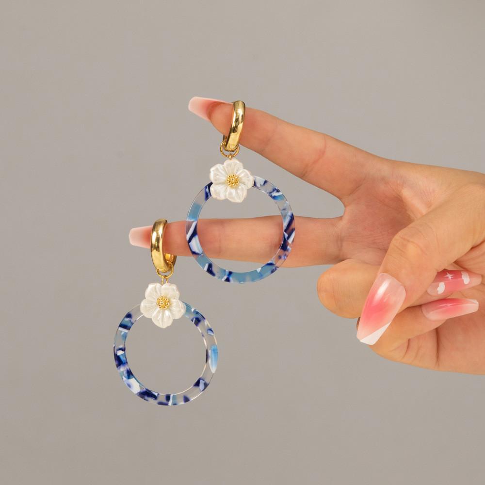 Modern Flower Geometric Circle Earrings Trendy Blue Alloy Accessories Womens