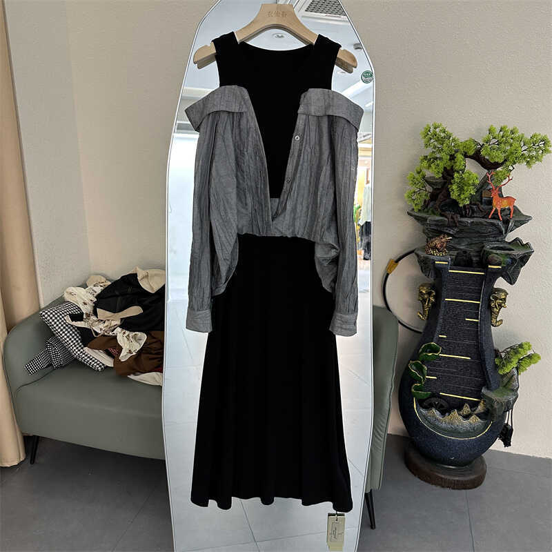 Autumn Style Female Fashion Cut Off Shoulder Dress French Two-piece Temperament Shirt Mid Skirt