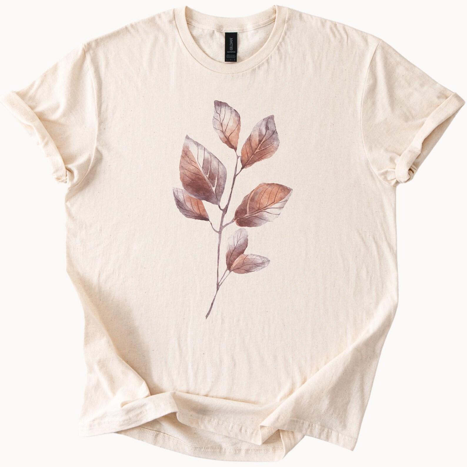 Earthy Watercolor Leaf Branch Graphic Tee Minimalist Nature Plant Shirt Boho Botanical Art Top Neutral Aesthetic Fall T Shirt 150
