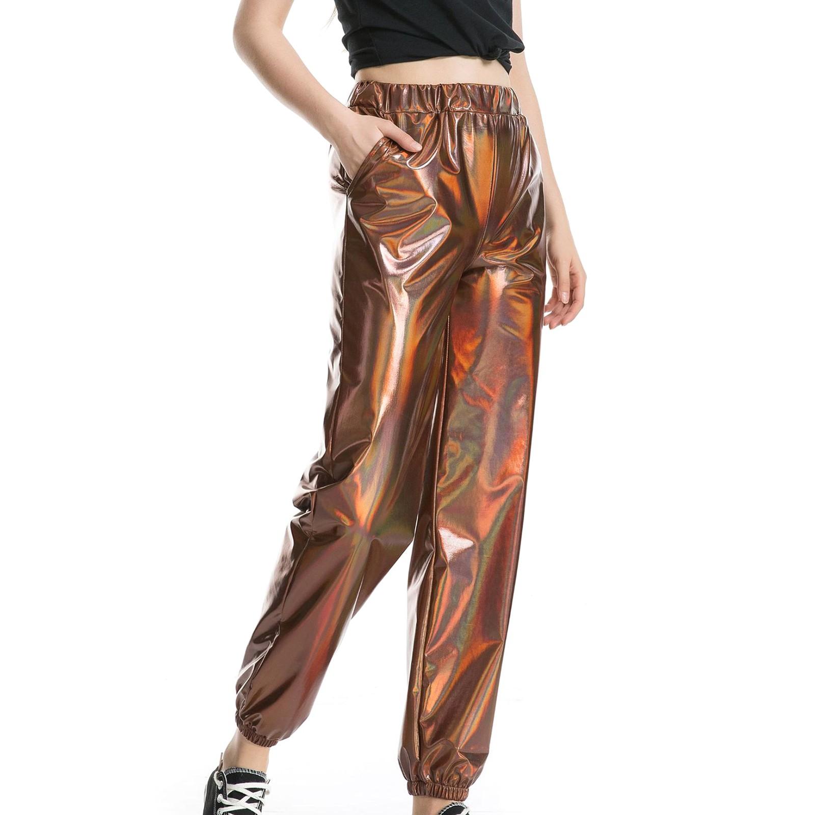 

Женские блестящие брюки Эластичные спортивные брюки Свободные повседневные длинные брюки для отдыха Спортивные штаны Беговые штаны Эластичные леггинсы Вечеринка Дискотека Клубная одежда XXL кофейный