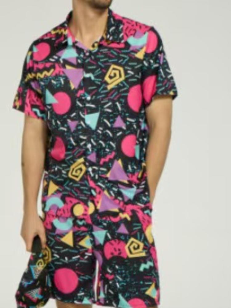 

Men s Geometric Print Casual Summer Outfit, Black Short Sleeve Shirt and Matching Shorts Set 5XL
