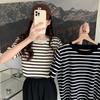Women's Short Sleeve Striped Knit Top - Summer 2026 Korean Style T-shirt, Thin Base Layer Color Block.