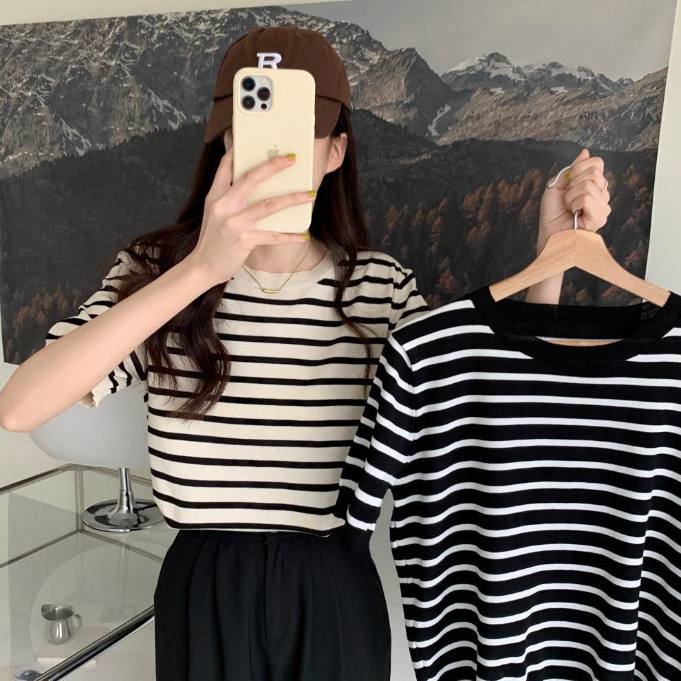 Women's Short Sleeve Striped Knit Top - Summer 2026 Korean Style T-shirt, Thin Base Layer Color Block.