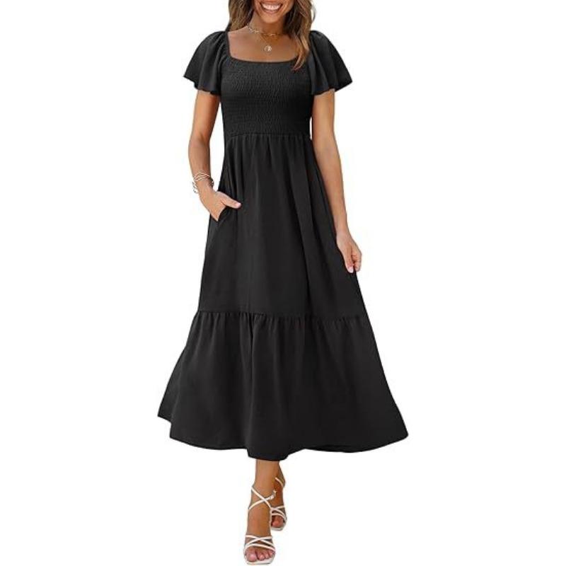 

Женское платье с квадратным вырезом, рукавами-бабочками, складками и карманами на коротких рукавах M чёрный