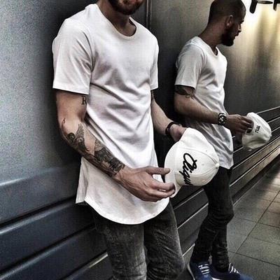 T-shirt hip-hop à manches courtes et ourlet incurvé pour homme, style urbain, en tissu