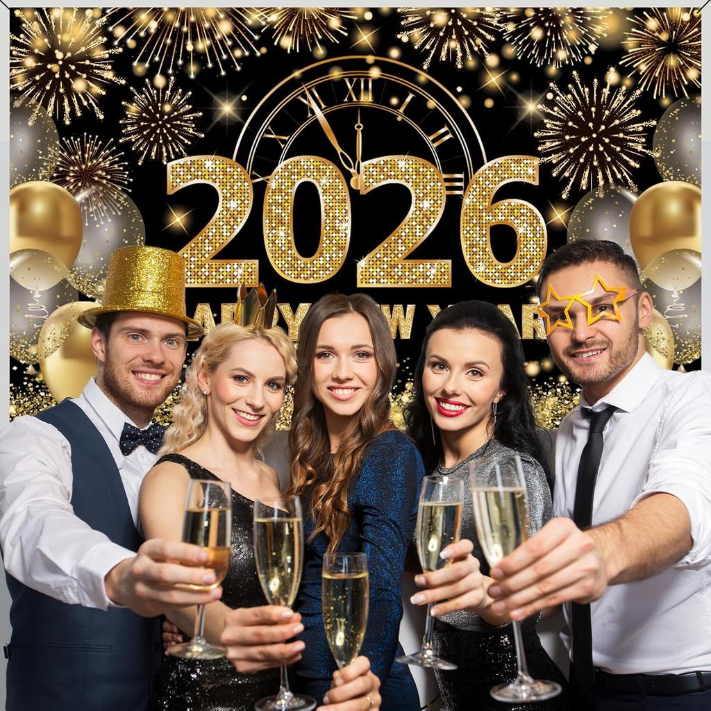 Black Gold Happy New Year 2026 Banner, New Years Eve 2026 Banner, NYE Party Decorations Photo Background for Boys, Girls, Friends, Celebrations Party