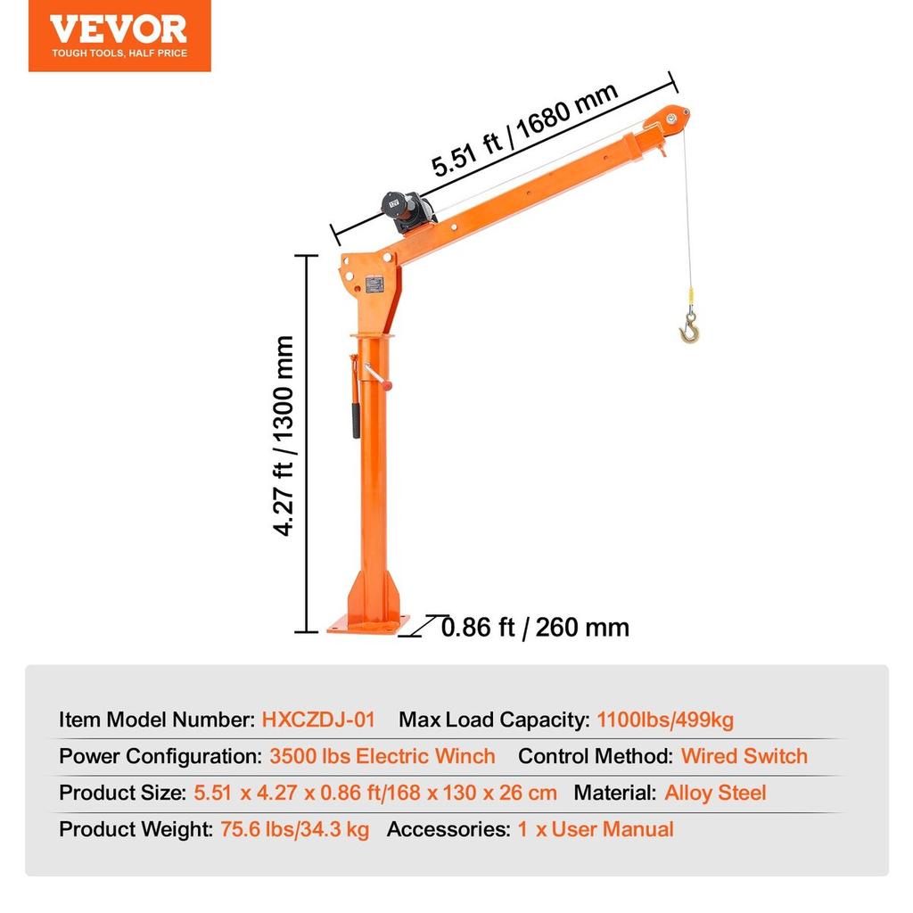 Electric Pickup Truck Crane Hoist Crane 1100 lbs 360° Swivel Hoist Lift