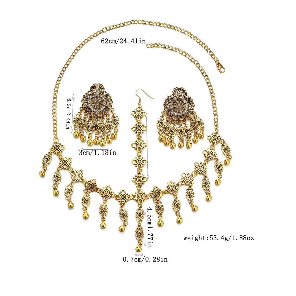 Bohemian Exotic Rhinestone Tassel Necklace & Earrings Set In Antiqued Alloy