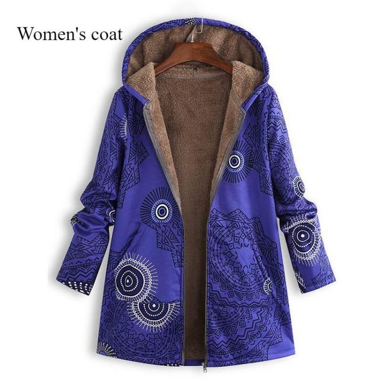 Hooded Women Thick Cotton Linen Jacket Zipper Print Coat Warm Pocket New Autumn Winter