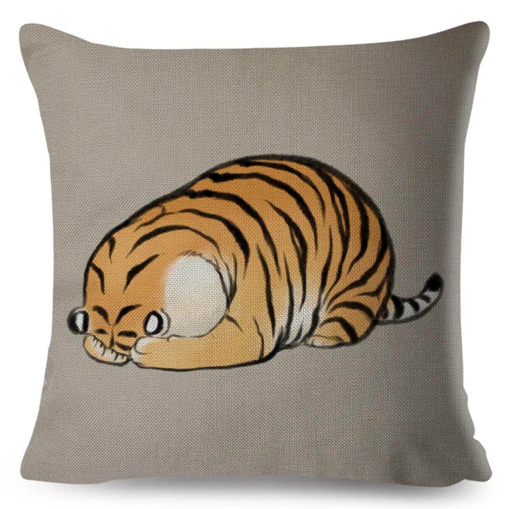 Funny Fat Tiger Cushion Cover Decor Cute Cartoon Animal Pillow Case for Sofa Home Car Linen Chinese Ink Throw Pillowcase