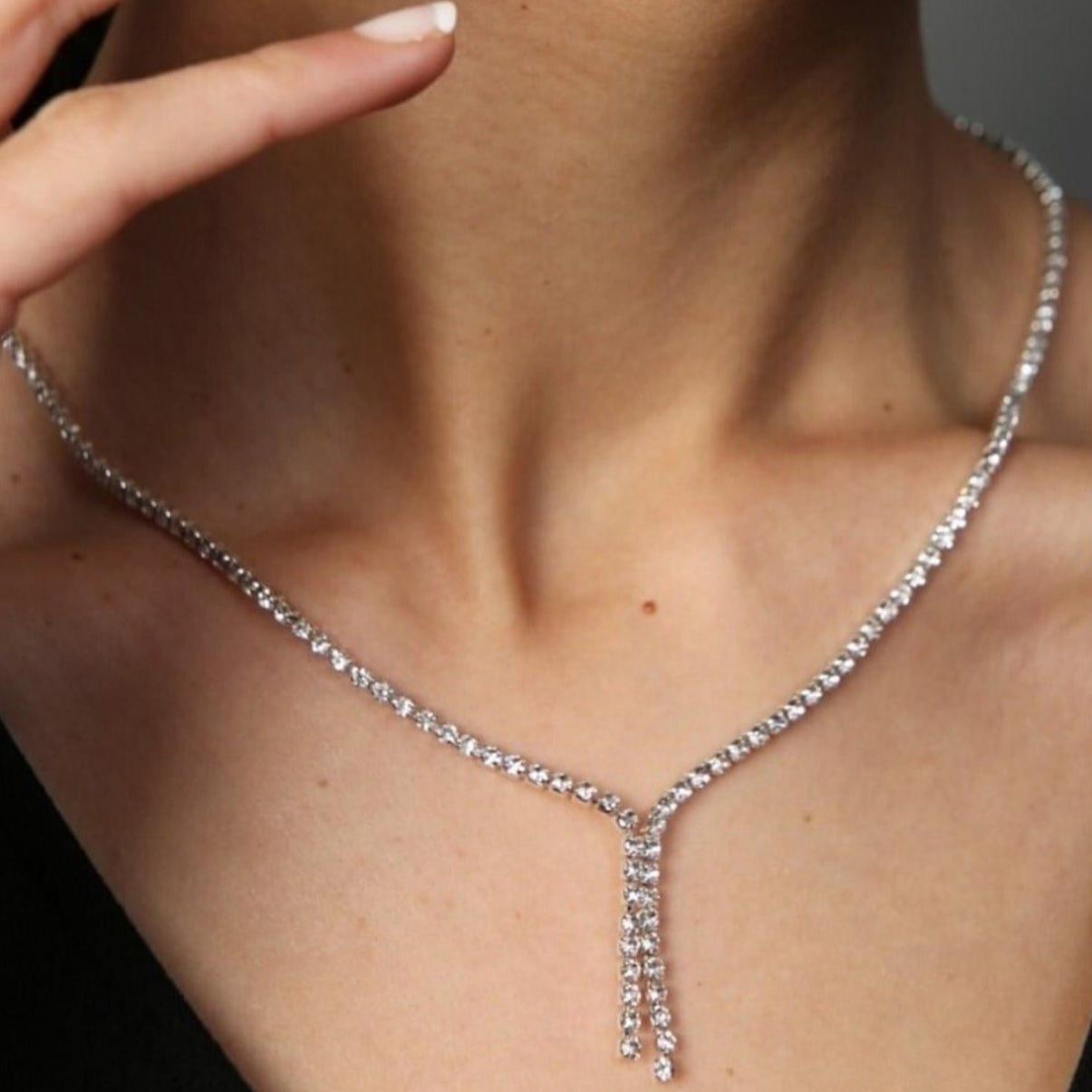 

Women s Silver Color Zircon Waterway Evening Dress Necklace
