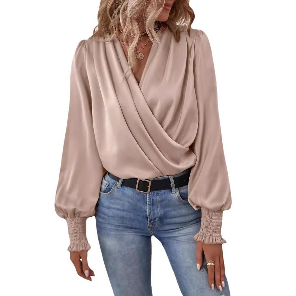 Elegant Women's V-Neck Lantern Sleeve Solid Color Shirt