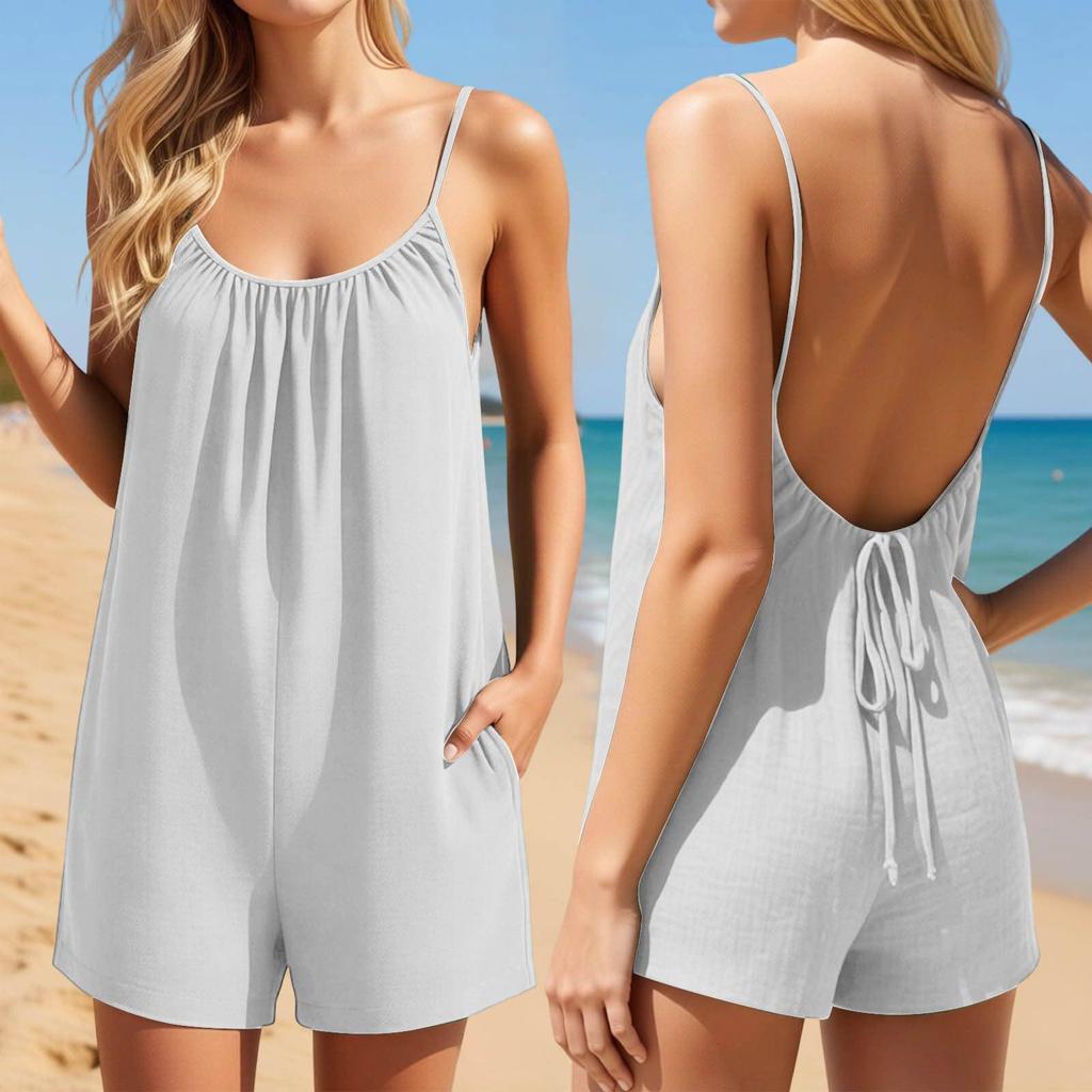 Summer 2026 Women's Linen Shorts Jumpsuit - One-Piece Romper for Beach Vacations