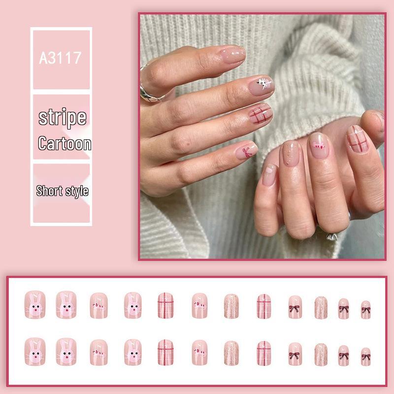 

Translucent Pink Cartoon Animal Nail Stickers with Gingham Bow Design
