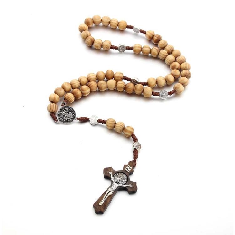 Handmade Wood Rosary Catholic Necklaces Men Cross Prayer Religious Jewelry Gift