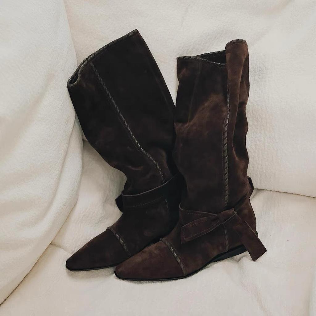 Sheepskin Version~ European and American Style Niche Pointed Hand-strung Rope Western Cowboy Boots Women's Autumn and Winter New Medium and High Boots