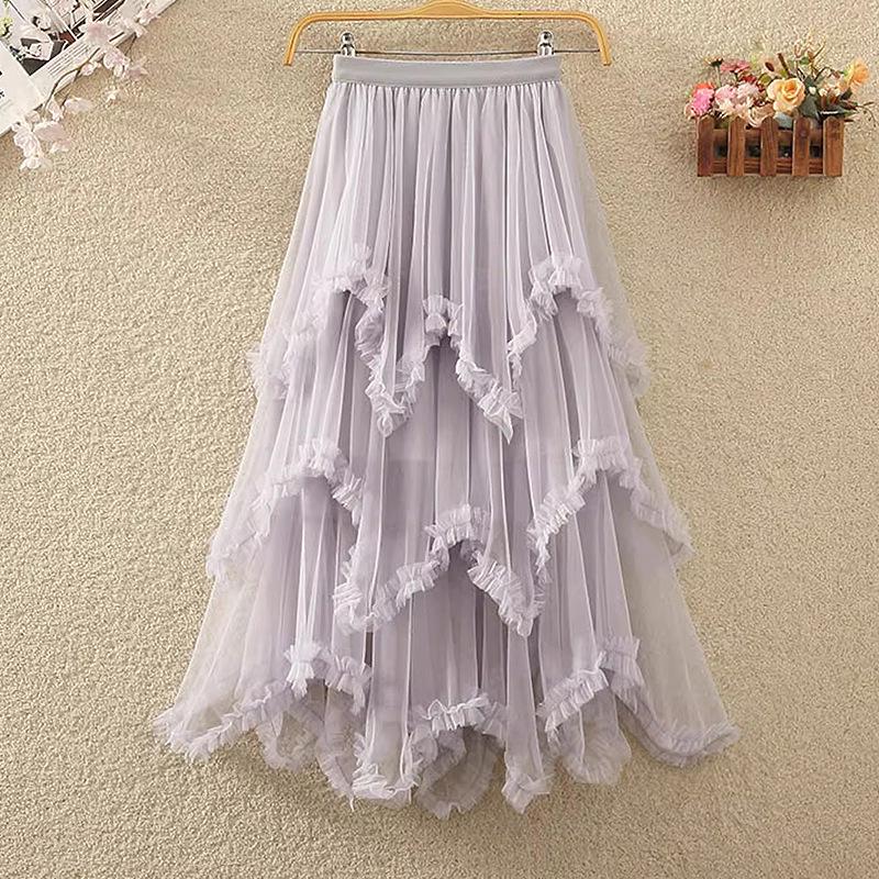 Plus Size High-Waisted Ruffled Mesh Midi Skirt with Irregular Hem One Size серый
