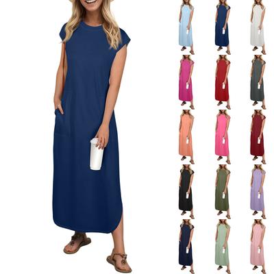 Damenmode Lässig Strandurlaub Einfarbig Sommerkleid Knielang Strandrock mit Tasche Rock