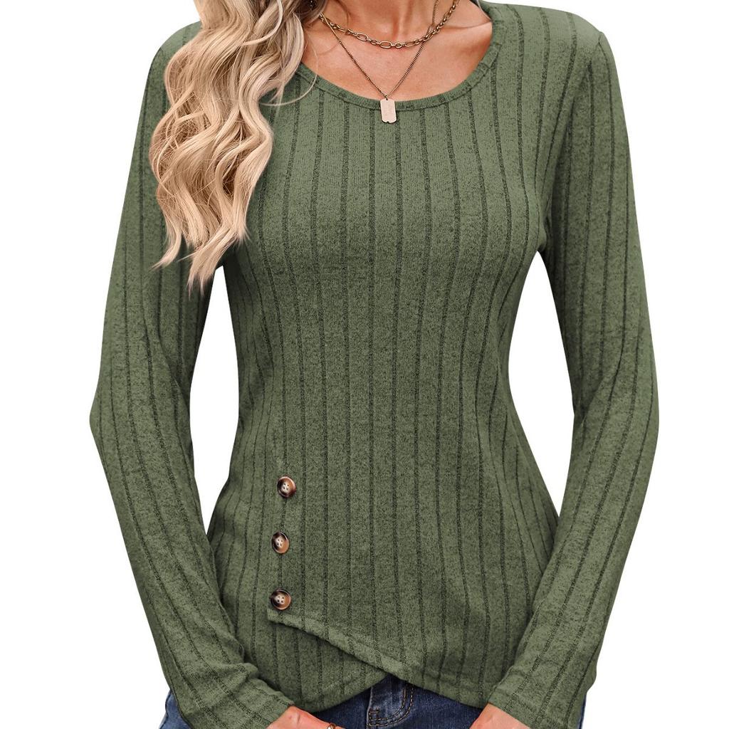 Women's Autumn and Winter Waist Cinched Round Neck Tight Long Sleeved Top