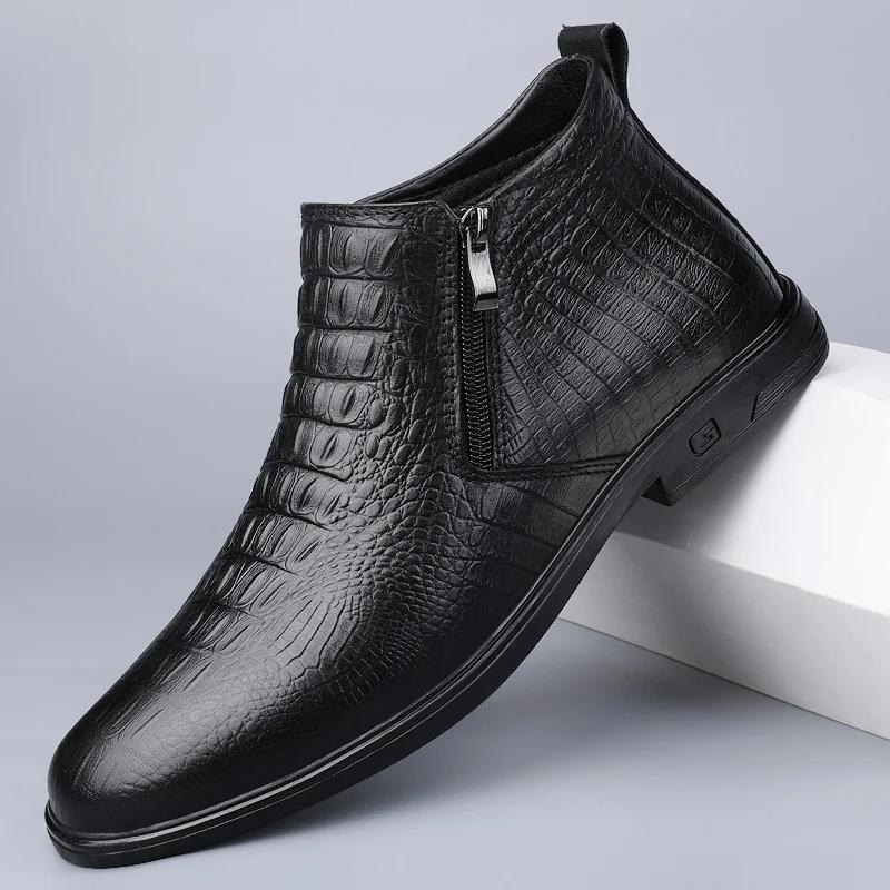 Fashion Winter Plush Genuine Leather Chelsea Men Boots Leather Men Designer Ankle Boot Fashion Casual Business Formal Boots Cowboy Boots