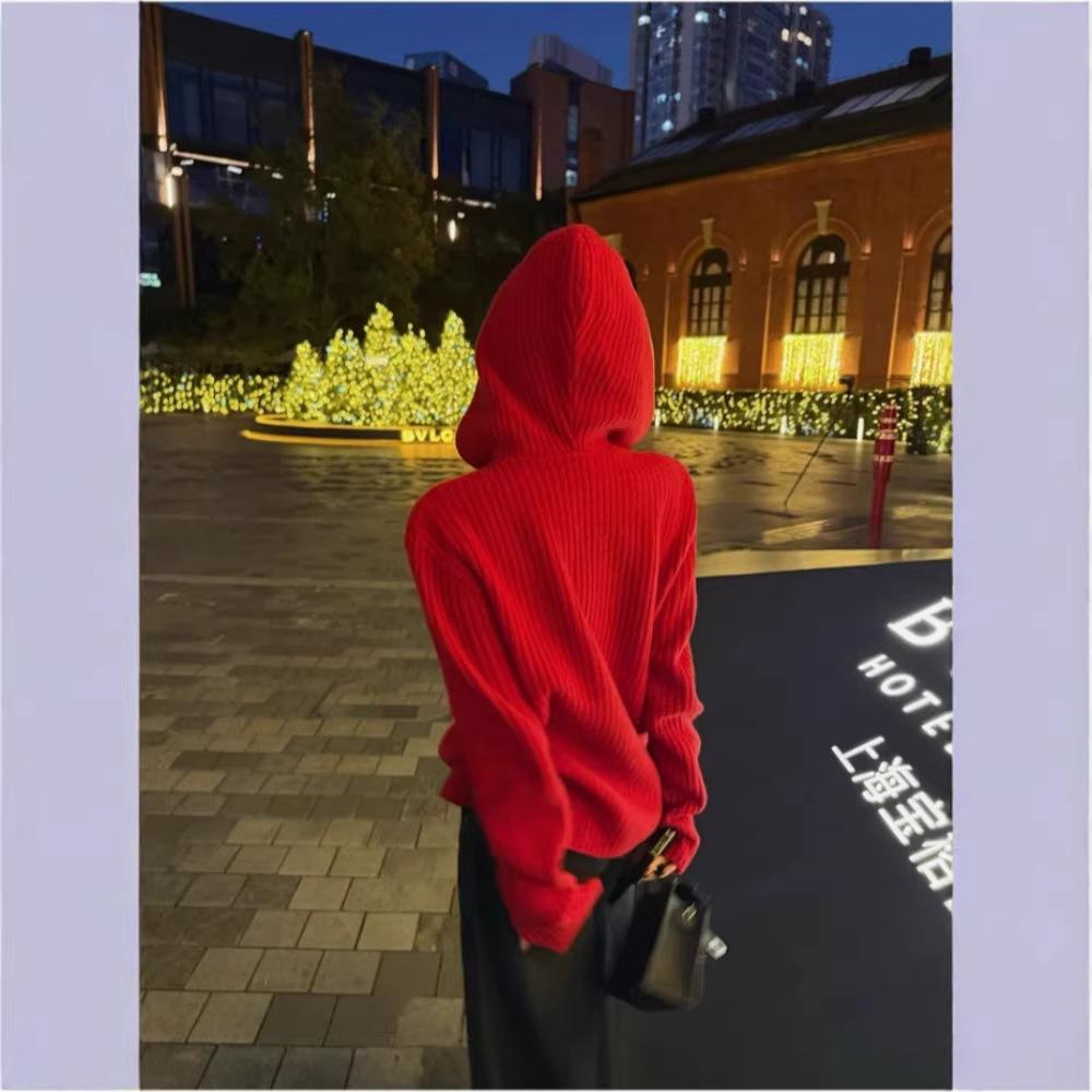 Women's Red Wool Hoodie - Zodiac Year of the Horse, New Year's Eve Edition, Autumn/Winter Knit Sweater