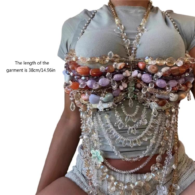 Fashion Layer Acrylic Stone Body Chain Bra Top Adjustable Closure Designs for Women's Beachwear and Dance Event
