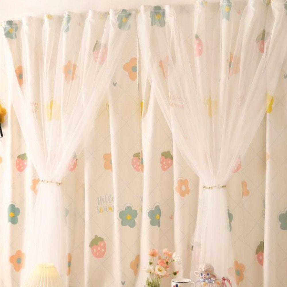 1 Pc No Drill Double Layer Curtain Cartoon Pattern with Rope Blackout Curtains Self-adhesive Bedroom Curtains Rental Housing