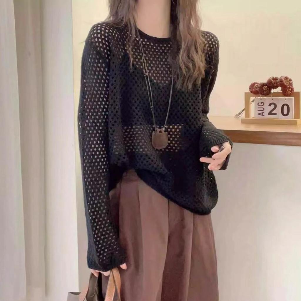 Long-sleeved hollow knitted sweater women's summer design sense outer wear thin see-through top loose lazy wind sunscreen blouse