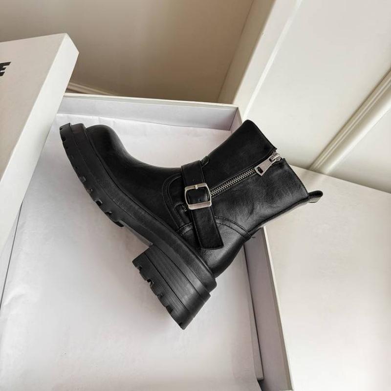 

New leather black Martin boots side zipper thick-soled non-slip low boots versatile medium heel round head large size Martin boots 40 чёрный