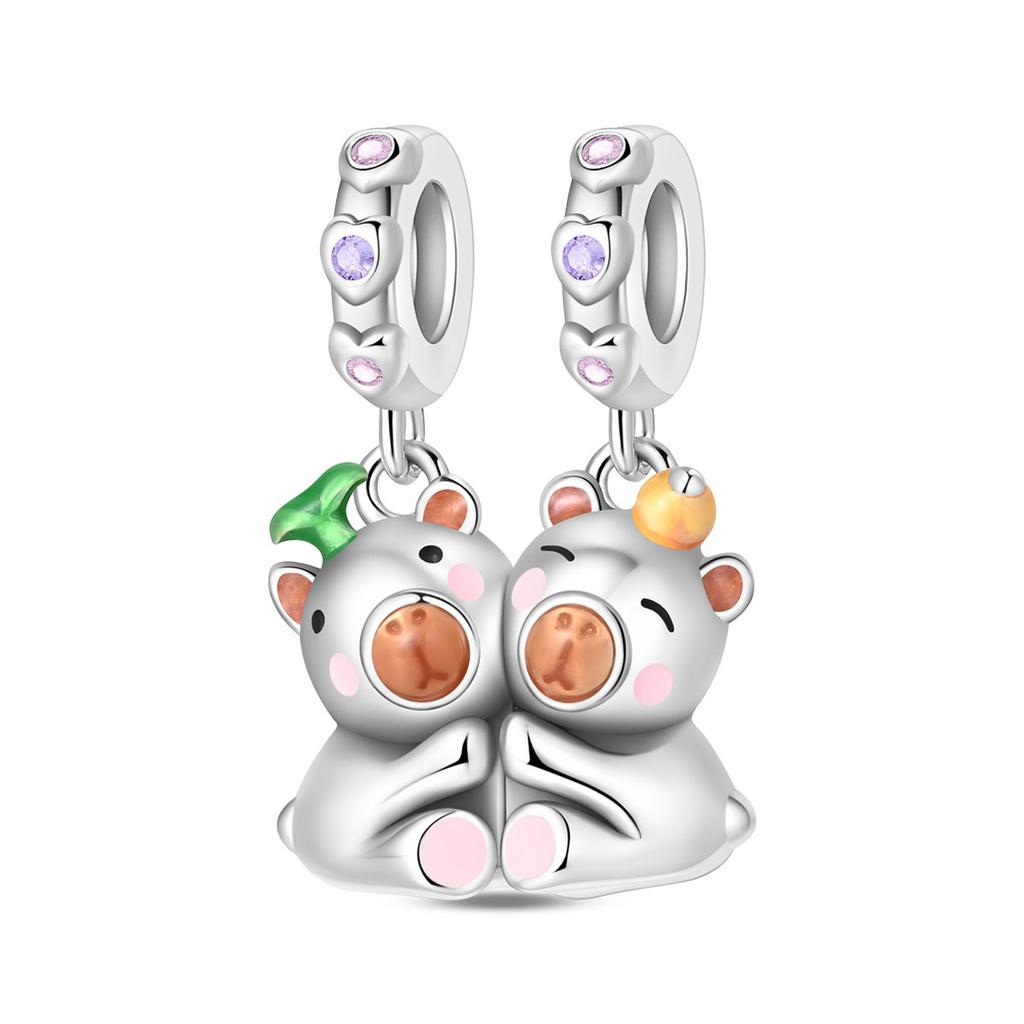 S925 Silver DIY Couple Bracelet Necklace Set with Heart Holding Hands Cat Dog Charm Pendant Bead Jewelry