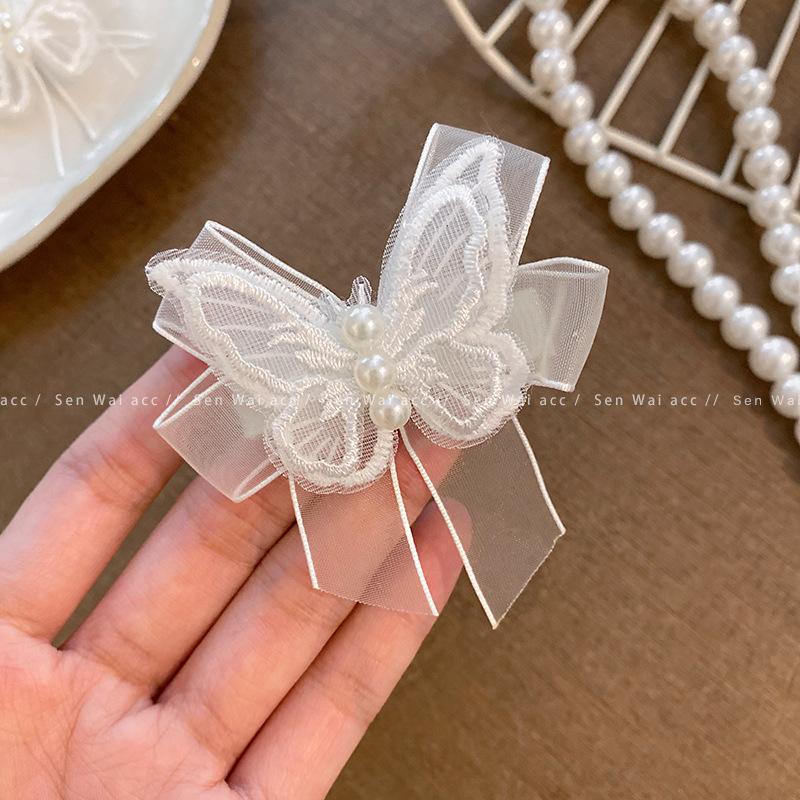 

Retro super fairy white mesh butterfly pearl hairpin female Mori sweet bow hairpin headgear