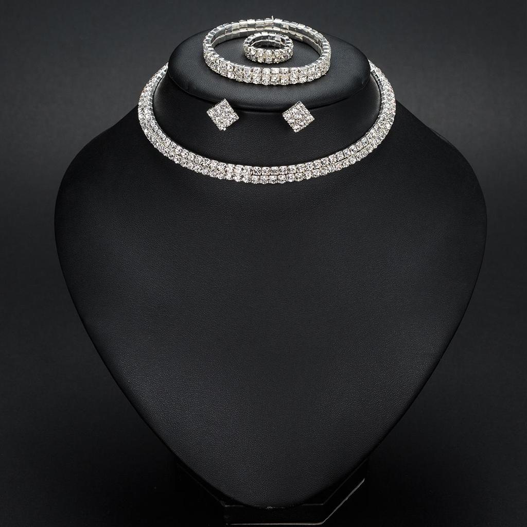 European & American Fashion Jewelry Set: Diamond-Inlaid Hollow Choker, Earrings, Ring, Bracelet - N387