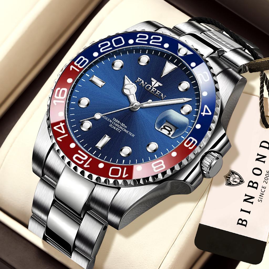 BINBOND Orginal Precise Quartz Wristwatches for Men Luxury Luminous Waterproof Auto Date Men's Watch Stainless Steel Strap Reloj