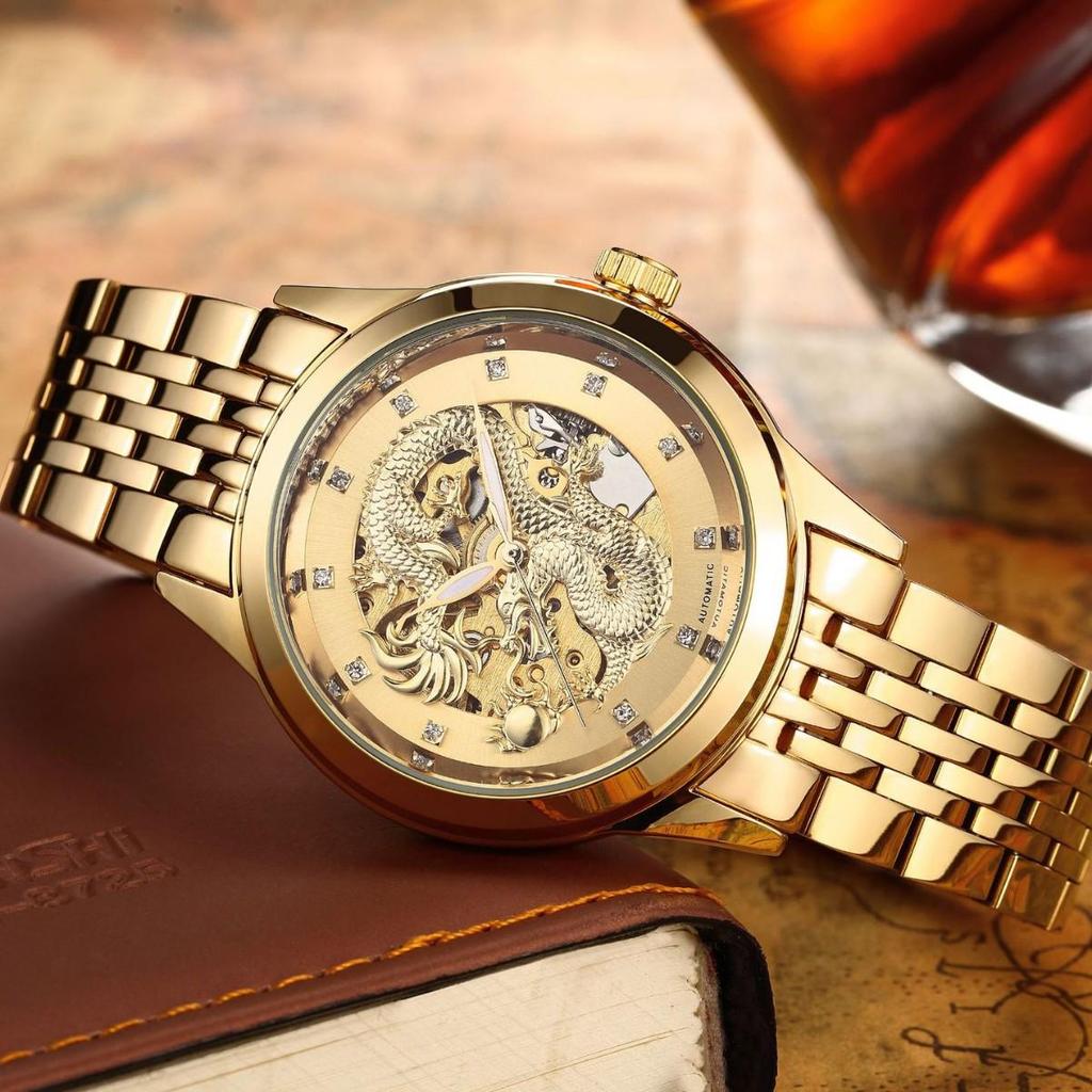 NARY Gold Dragon Waterproof Stainless Steel Skeleton Automatic Watch 18028.