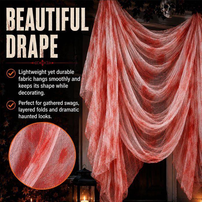 Décoration Halloween - LIAIKI - 600 x 215 cm - Tissu gaze - Rouge et blanc - Grand format