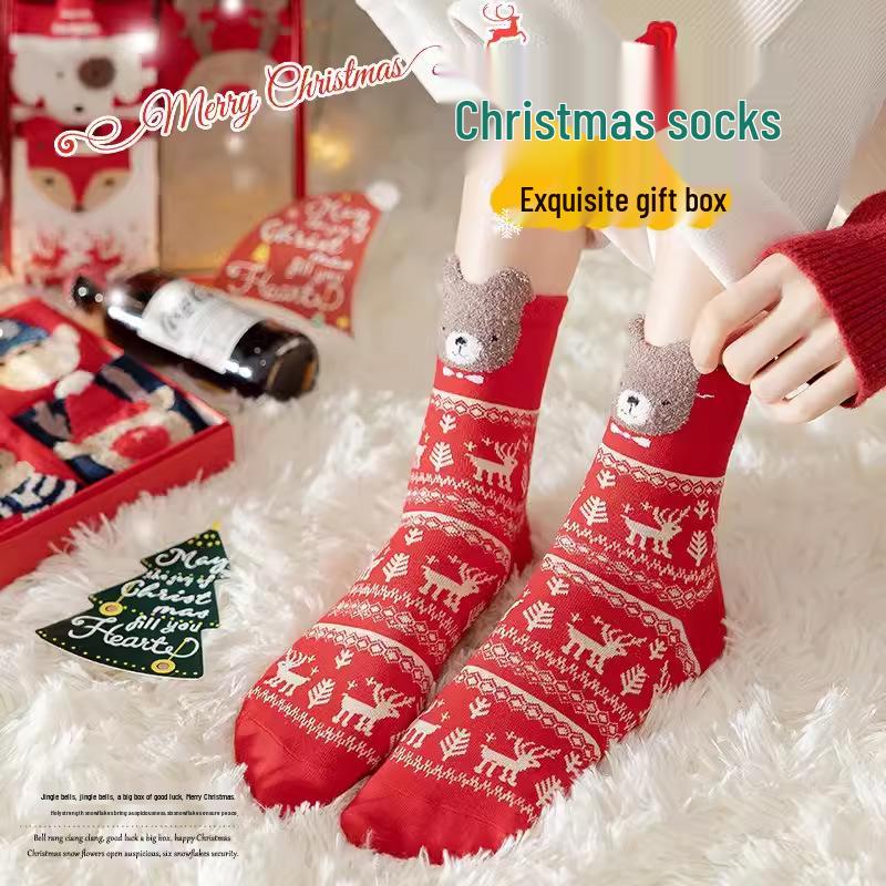 Festive Red Christmas Cartoon Socks Gift Box for Women - Mid-Calf, Cute & Versatile, Autumn/Winter.