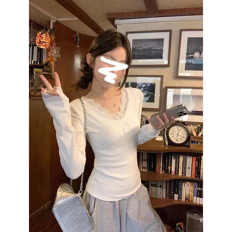 Women White Lace Trim V Neck Long Sleeve Slim Fit Top