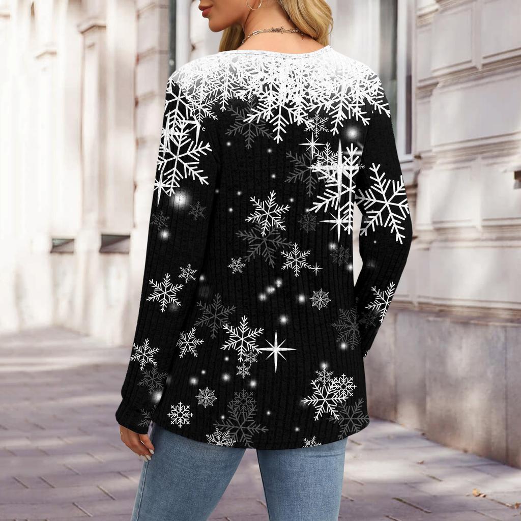 Women's Fashion V-Neck Button-Up T-Shirt With Christmas Print Long-Sleeved Top