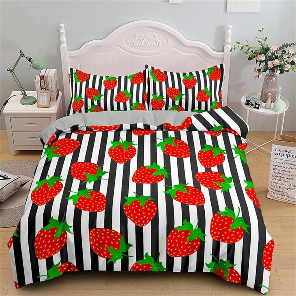 Girls Strawberry Bedding Set 2pcs, Soft Comfy Microfiber Fruit Geometry Reversible Duvet Cover with 1/2 Pillow Cases 75*50CM