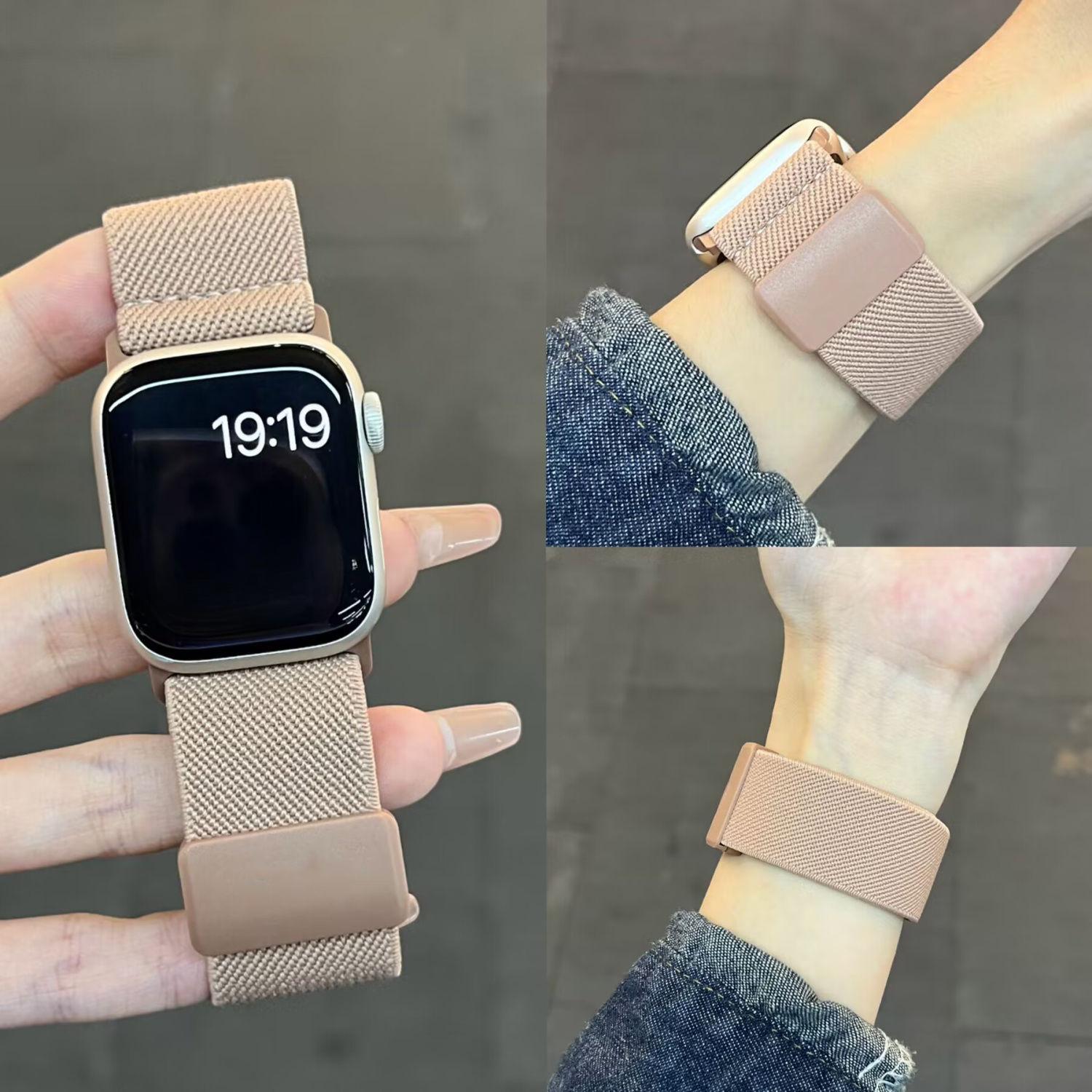 Плетеный ремешок для часов Apple Watch - мягкий нейлоновый симпатичный ремешок для часов с магнитной застежкой для iWatch S10/Ultra/9/8/7/6/5/4/3/2/1/SE 49 мм 46 мм 45 мм 44 мм 42 мм 46mm (Iwatch10) розовый