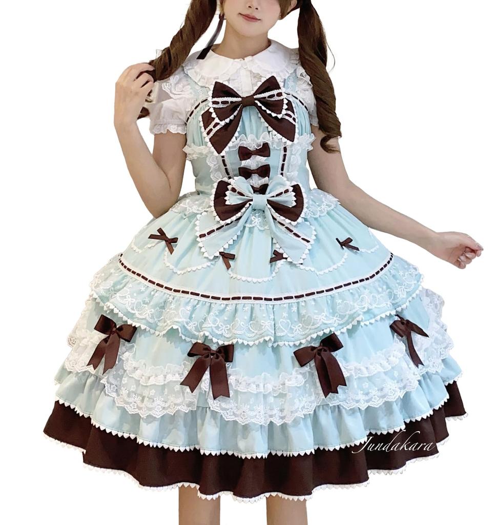 Jundakara Tiered JSK Jumper Skirt with Back and A dreamy and cute dress perfect for cosplay or bridal Available in green and Women's Ribbon, Ruffles,