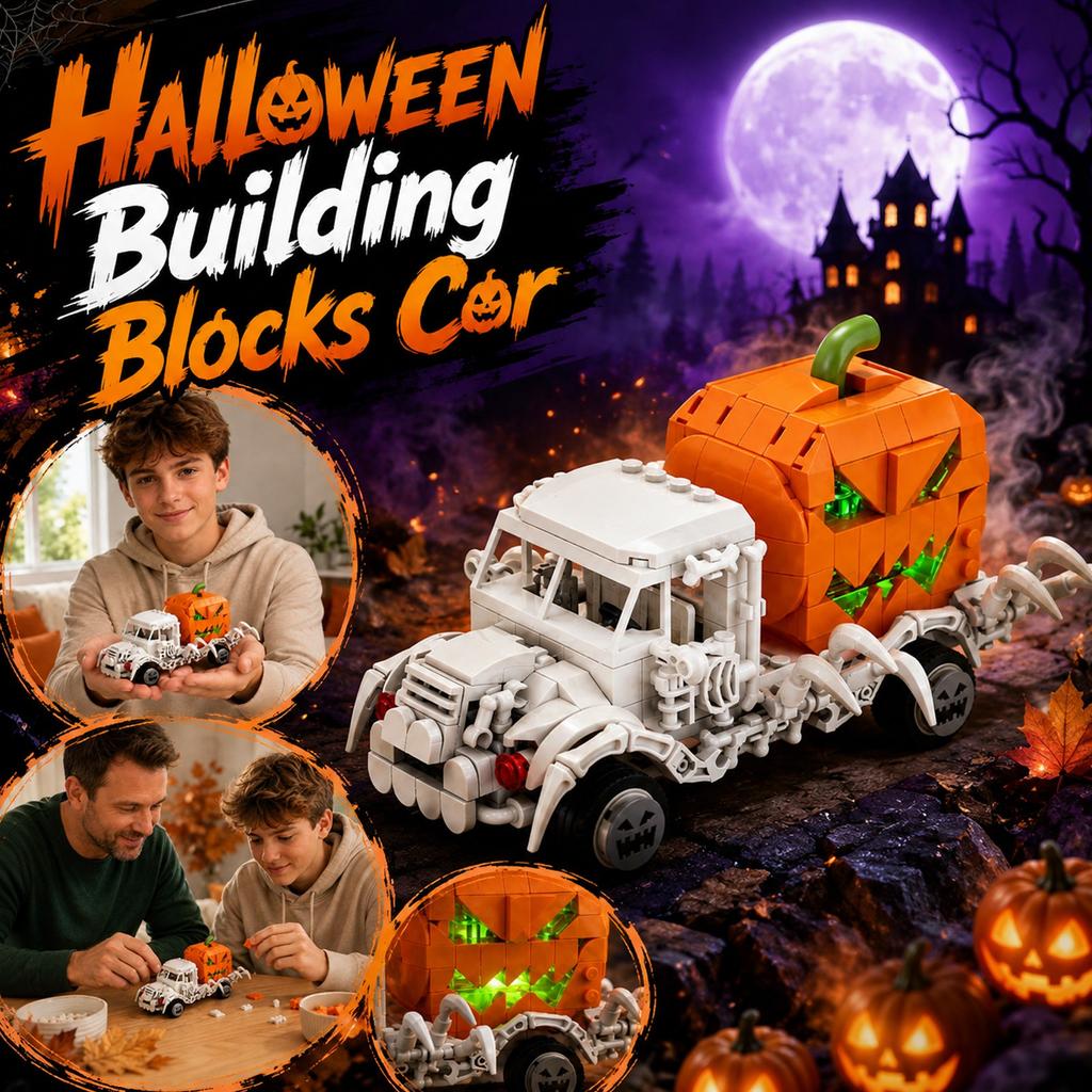 Halloween Skeleton Pumpkin Carriage Building Set with Light-Up Feature, Creative Gift for Kids and Adults