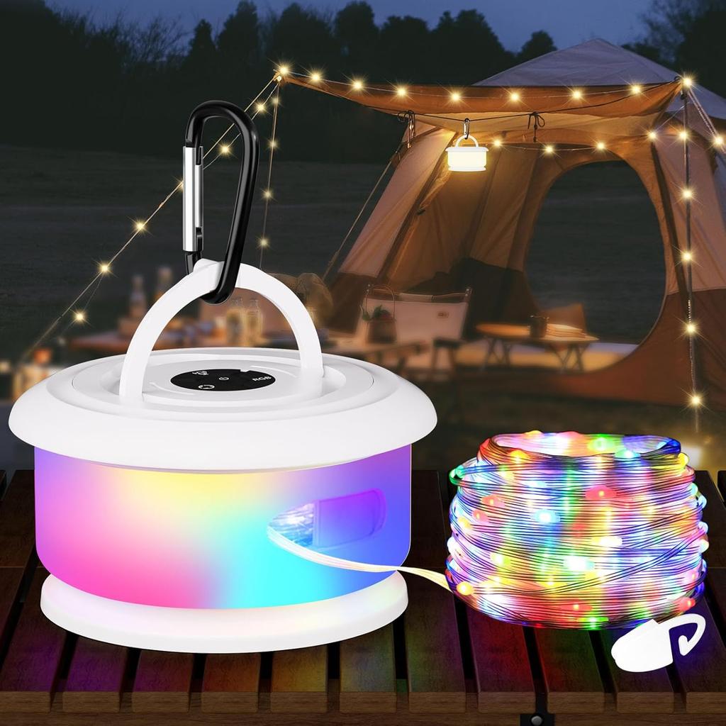 Camping String Lights, Retractable 32.8FT Rechargeable Fairy Light | Quick Storage RGB Flash Lamp Outdoor Waterproof, Portable Hanging Lantern for