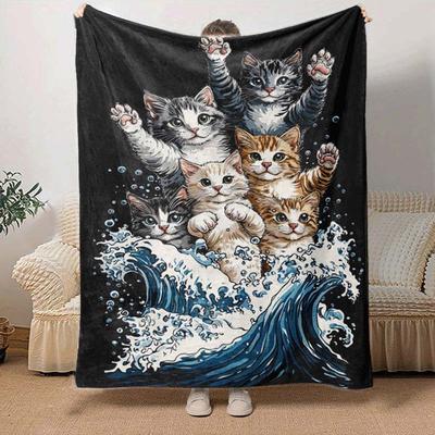 1pc Cat Printing Lightweight Flannel Blanket, Comfortable and Warm Blanket, for Camping Sofa Bed and Couch Office, Suitable for Gift Blankets