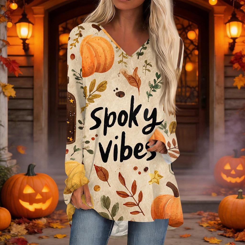 Women's Casual Long Sleeve V-Neck Print Mid-Length Tunic Top